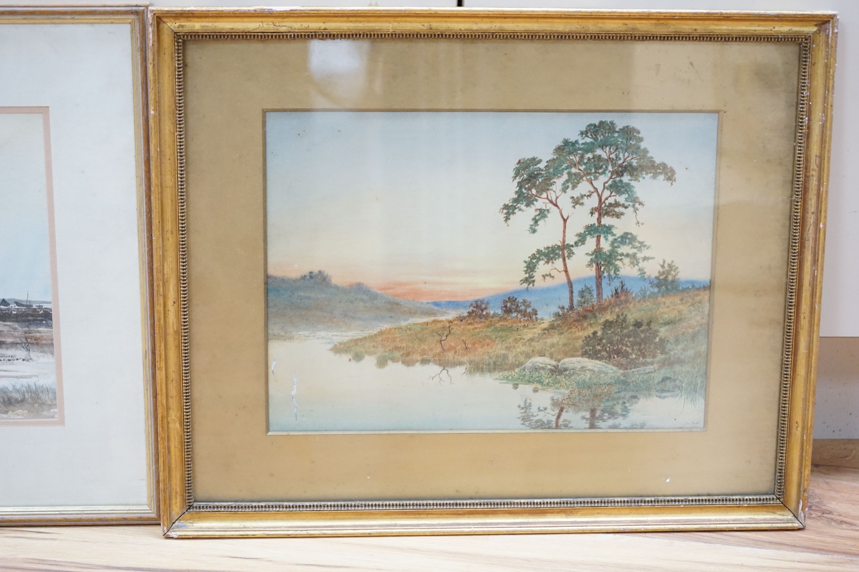 L.J. Poday, watercolour, Coastal landscape with thatched huts, signed and dated '92, 25 x 35cm and a watercolour River lansdcape at sunset, dated 1912, 26 x 36cm